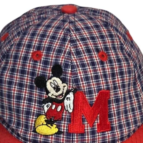 Vintage Disney Mickey Mouse Red Blue Plaid Embroidered Cap Hat Kid's Adjustable - Picture 2 of 10